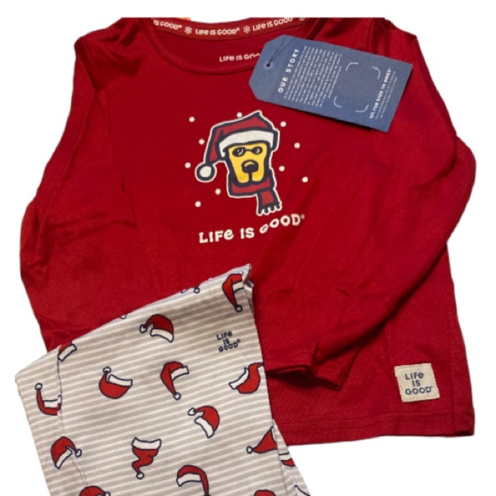 NWOT Life Is Good Kids Red Holiday Pajama Set with Cream Hat-Print Pants